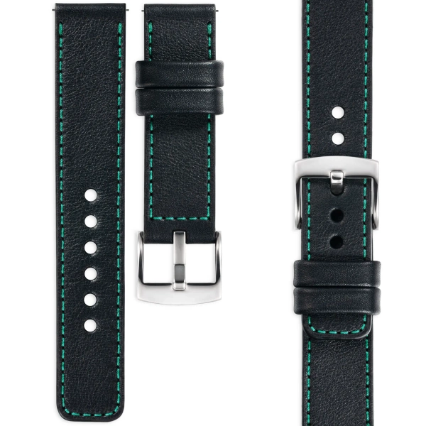 moVear Prestige C1 24mm leather watch strap | Black, Black stitching [sizes XS-XXL and buckle to choose from]