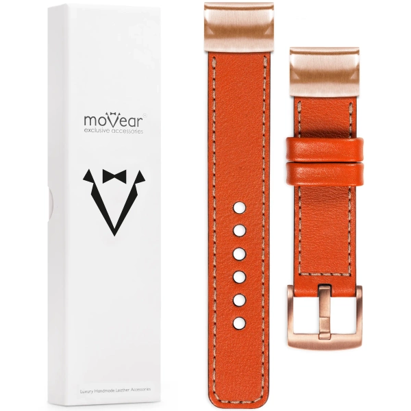 moVear Prestige C1 Leather strap for Garmin QuickFit 20mm (Fenix / Instinct - 43/42/40mm) Orange, Orange stitching [sizes XS-XXL and buckle to choose from]