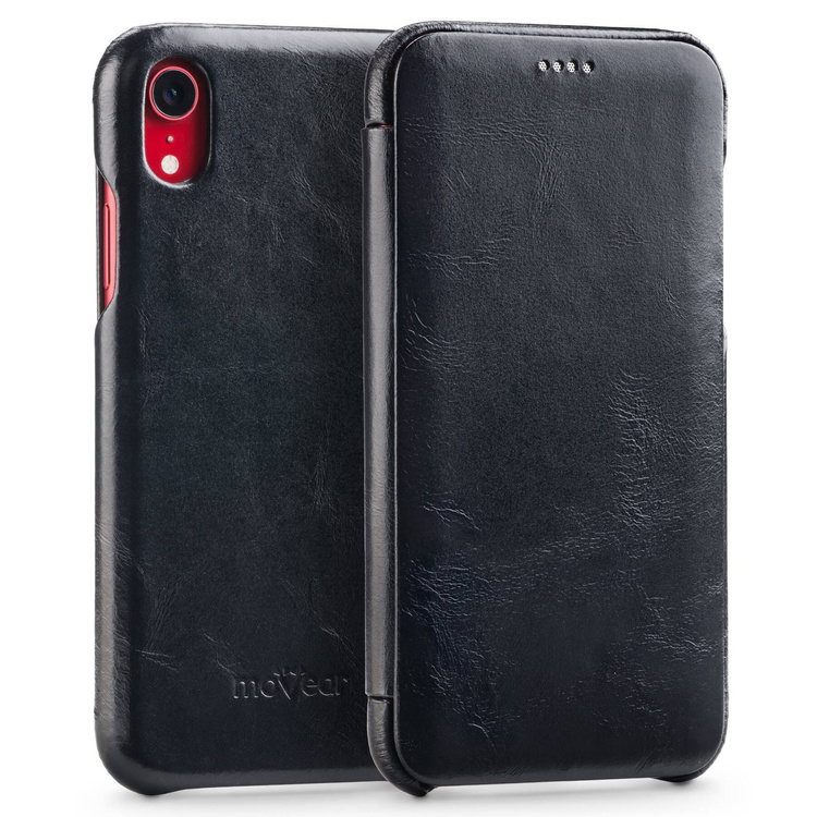 moVear flipSide S Ledertasche für Apple iPhone Xr (6.1") | Glatte Leder, Handy Hülle book type (Schwarz)