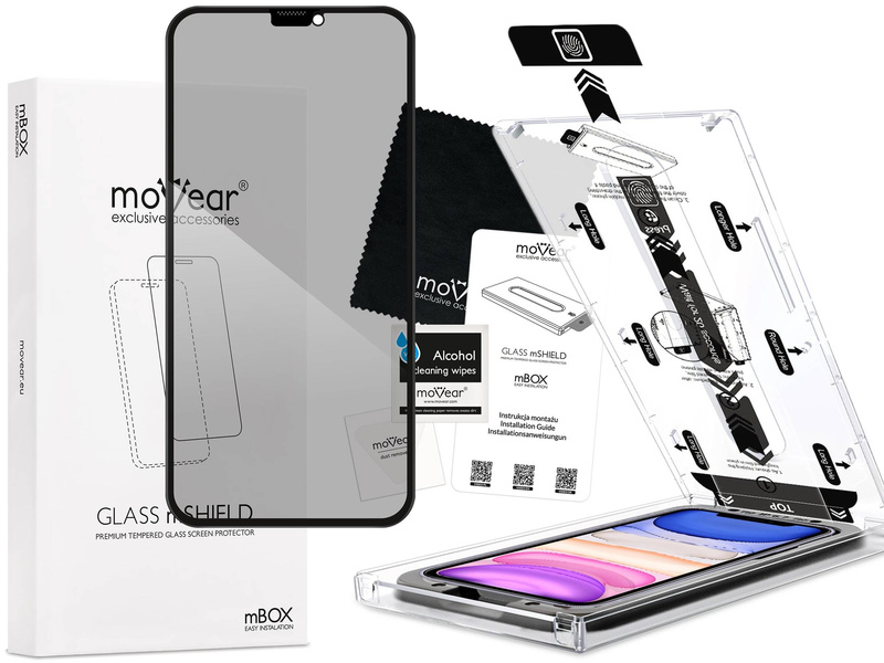 moVear mBOX GLASS mSHIELD 2.5D MAX privacy für Apple iPhone 11 / Xr (6.1") (Anti-Spionage, mit Applikator)