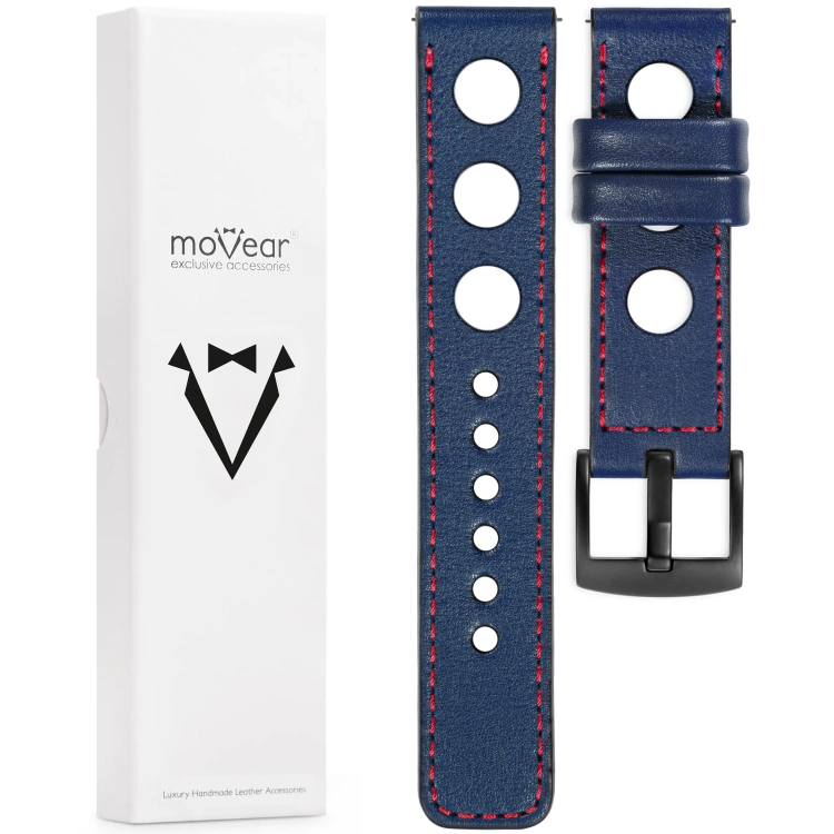 moVear Prestige R1 26mm leather watch strap | Navy blue, Navy blue stitching [sizes XS-XXL and buckle to choose from]