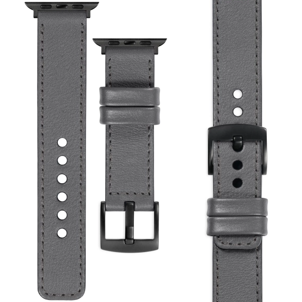 moVear Prestige C1 22mm Gray Leather strap for Apple Watch 10 / 9 / 8 / 7 / 6 / 5 / 4 / SE (42/41/40mm) | Gray stitching [sizes XS-XXL and buckle to choose from]