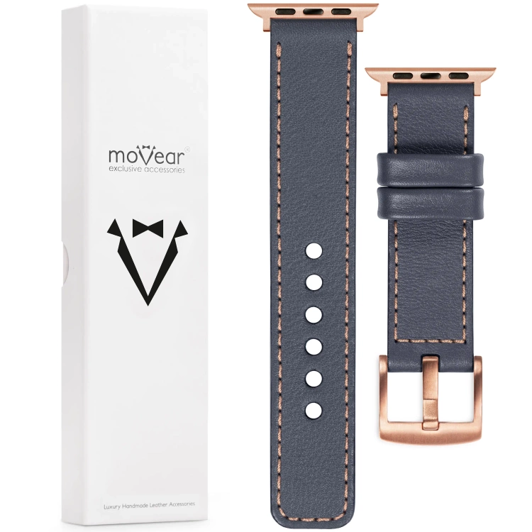 moVear Prestige C1 22mm Stahlgrau Lederarmband für Apple Watch 10 / 9 / 8 / 7 / 6 / 5 / 4 / SE (42/41/40mm) | Stahlgrau Nähte [Größen XS-XXL und Schnalle zur Auswahl]