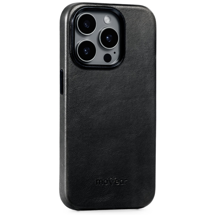 moVear [PRODUCT_MODEL] Leather back cover for Apple iPhone 15 Pro (6.1") | MagSafe compatible, Natural oiled leather (Black)