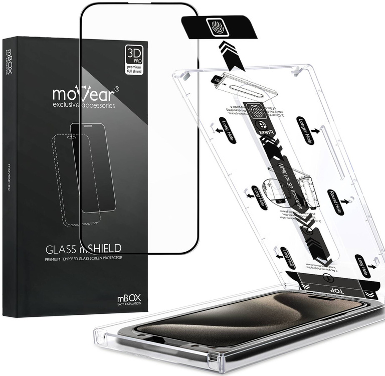 moVear mBOX GLASS mSHIELD 3D PRO for Apple iPhone 15 Pro (6.1") (easy installation)