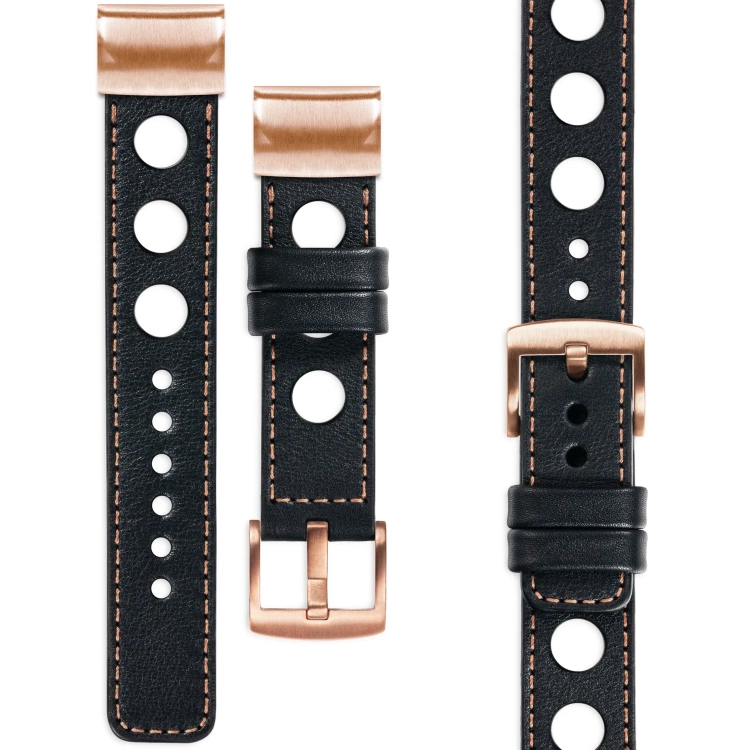 moVear Prestige R1 Lederarmband für Garmin QuickFit 20mm (Fenix / Instinct - 43/42/40mm) Schwarz, Schwarz Nähte [Größen XS-XXL und Schnalle zur Auswahl]