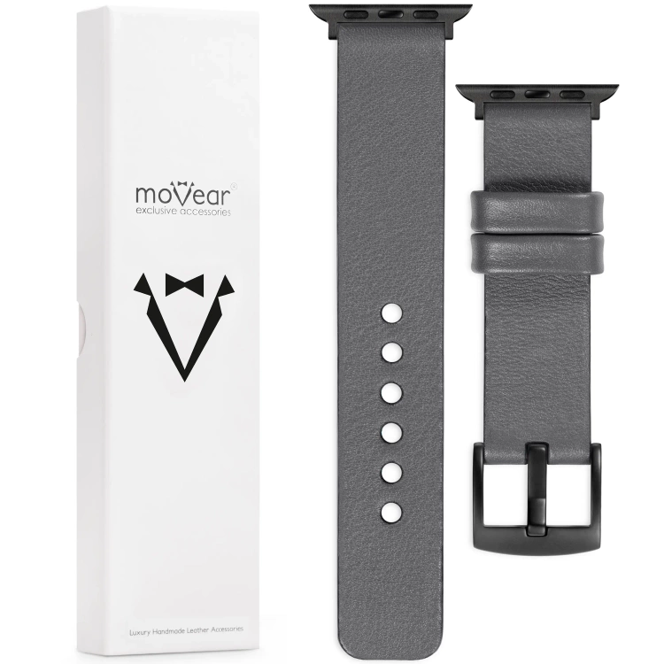 moVear Prestige S1 22mm Lederarmband für Apple Watch 10 / 9 / 8 / 7 / 6 / 5 / 4 / SE (46/45/44mm) & Ultra (49mm) Grau [Adapter und Schnalle zur Auswahl]