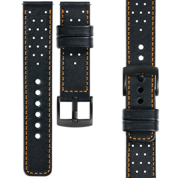 moVear Prestige R2 24mm Uhrenarmband aus Leder | Schwarz, Schwarz Nähte [Größen XS-XXL und Schnalle zur Auswahl]