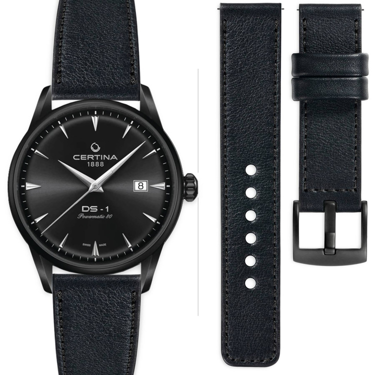 moVear Prestige C1 20mm Black Leather strap for Certina DS-1 C029.807.33.051.00 | Black stitching [sizes XS-XXL]