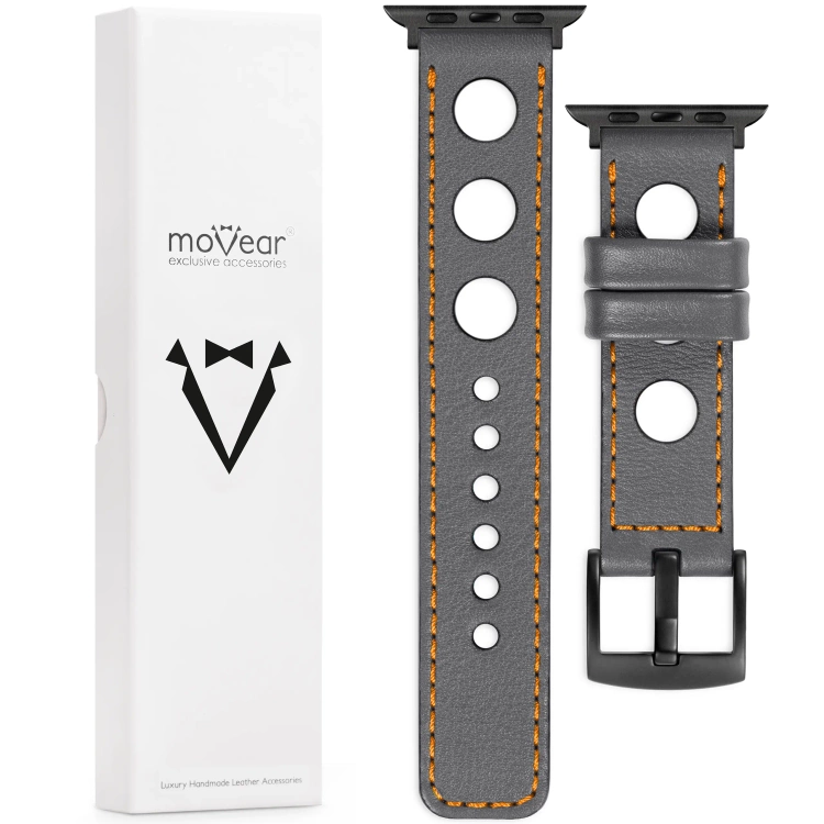 moVear Prestige R1 22mm Grau Lederarmband für Apple Watch 10 / 9 / 8 / 7 / 6 / 5 / 4 / SE (42/41/40mm) | Grau Nähte [Größen XS-XXL und Schnalle zur Auswahl]