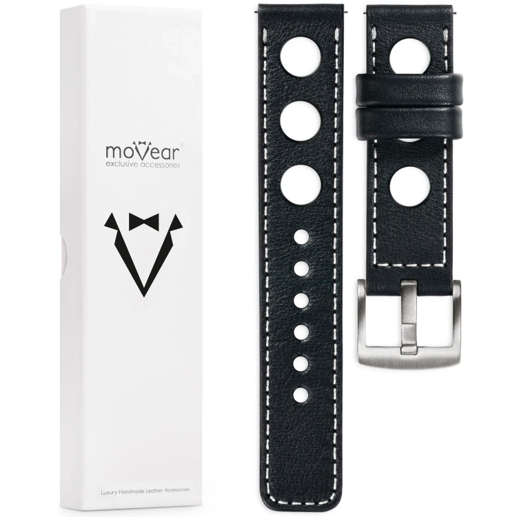 moVear Prestige R1 20mm Schwarz Lederarmband für Garmin Vivoactive 5/3, Vivomove 3, Venu 2 | Schwarz Nähte [Größen XS-XXL und Schnalle zur Auswahl]