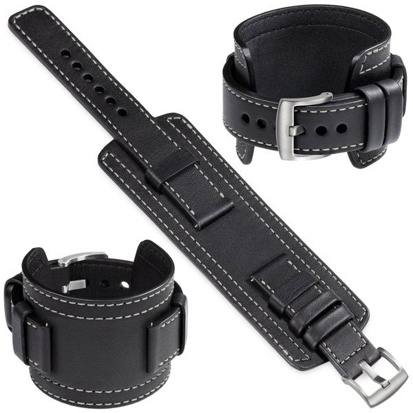 moVear Prestige CW1 20mm Breites Lederarmband mit Polster für Samsung Galaxy Watch 7 / 6 / 5 / 4 / 3 & Pro / FE / Classic / Active | Schwarz, Schwarz Nähte [Größen XS-XXL und Schnalle zur Auswahl]