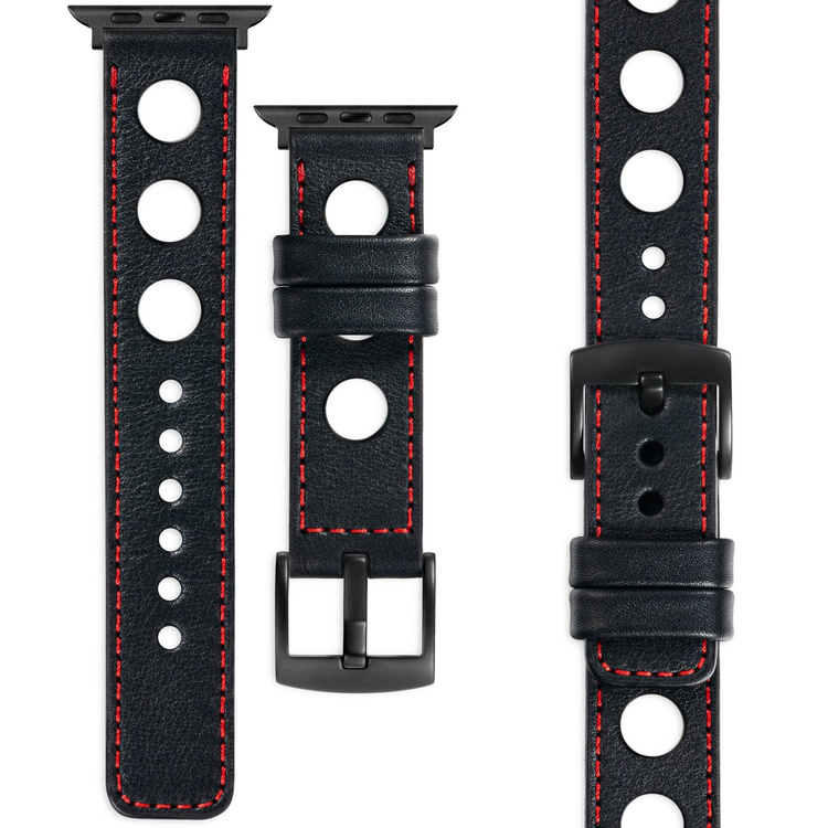 moVear Prestige R1 20mm Schwarz Lederarmband für Apple Watch 8 / 7 / 6 / 5 / 4 / SE (41/40mm) | Schwarz Nähte [Größe und Schnalle zur Auswahl]