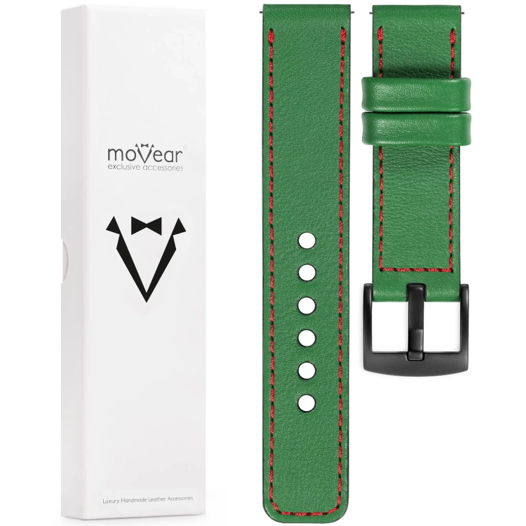 moVear Prestige C1 26mm Uhrenarmband aus Leder | Grün, Grün Nähte [Größen XS-XXL und Schnalle zur Auswahl]