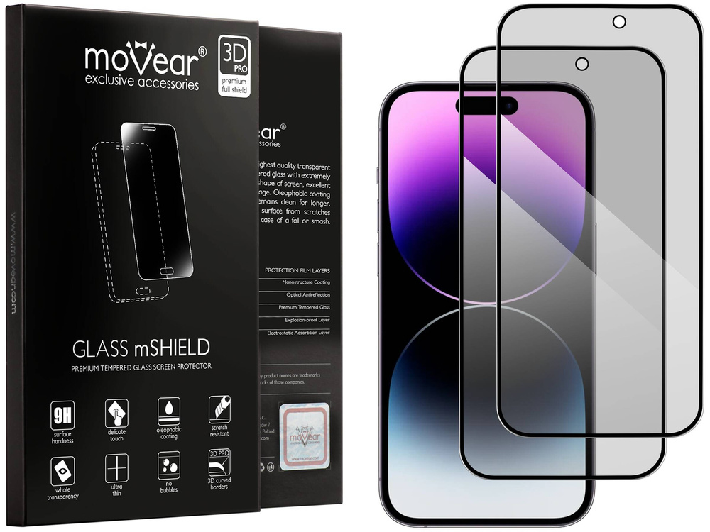 2 pcs. | moVear GLASS mSHIELD 3D PRO privacy for Apple iPhone 14 Pro Max (6.7") | (Privatizing)