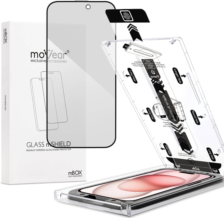 moVear mBOX GLASS mSHIELD 2.5D MAX privacy für Apple iPhone 16 / 15 (6,1") (Anti-Spionage, mit Applikator)