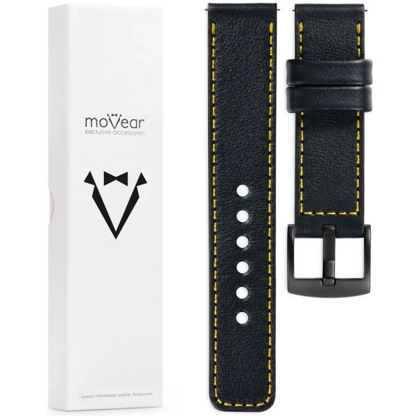 moVear Prestige C1 26mm leather watch strap | Black, Black stitching [sizes XS-XXL and buckle to choose from]