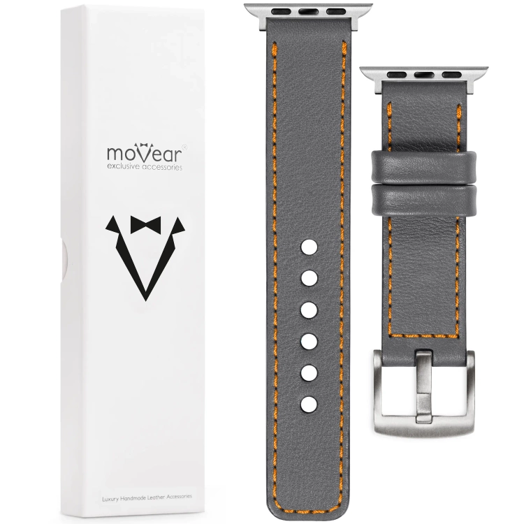 moVear Prestige C1 22mm Grau Lederarmband für Apple Watch 10 / 9 / 8 / 7 / 6 / 5 / 4 / SE (42/41/40mm) | Grau Nähte [Größen XS-XXL und Schnalle zur Auswahl]