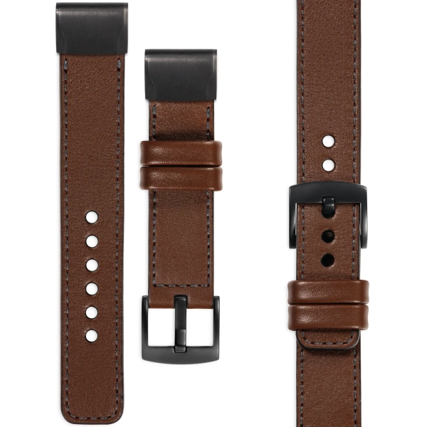 moVear Prestige C1 Leather strap for Garmin QuickFit 26mm (Fenix / Epix / Quatix / Tactix / Enduro - 51mm) Dark brown, Dark brown stitching [sizes XS-XXL and buckle to choose from]