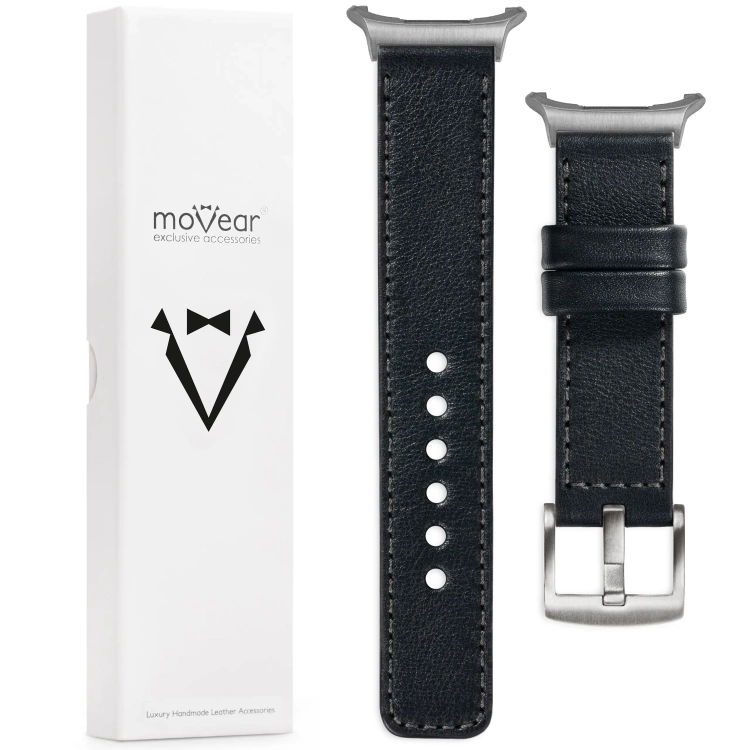 moVear Prestige C1 24mm Schwarz Lederarmband für Samsung Galaxy Watch Ultra | Schwarz Nähte [Größen XS-XXL und Schnalle zur Auswahl]