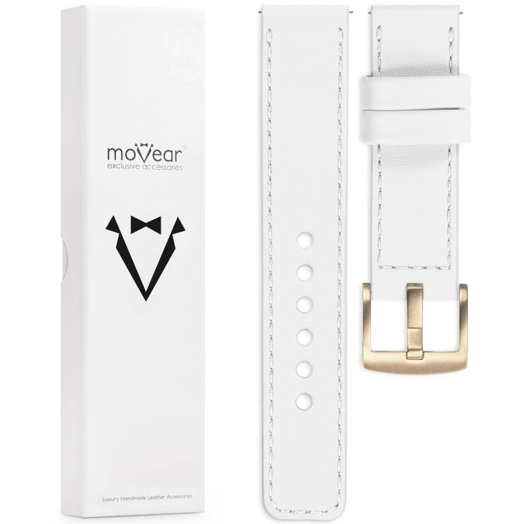 moVear Prestige C1 18mm White Leather strap for Garmin Vivoactive 4S, Venu 3S/2S, Vívomove 3S | White stitching [sizes XS-XXL and buckle to choose from]
