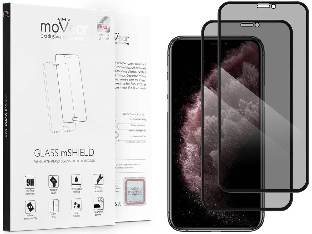 2 pcs. | moVear GLASS mSHIELD 2.5D MAX privacy for Apple iPhone 11 Pro Max / Xs Max [ROZMIAR_EKRAN] | (Privatizing, case friendly)