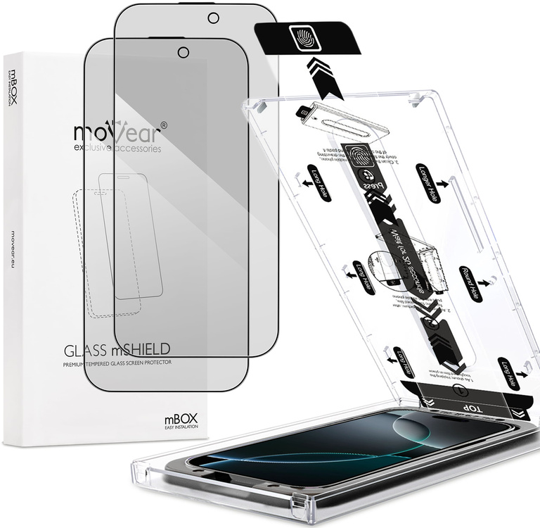 2 pcs. | moVear mBOX GLASS mSHIELD 2.5D MAX privacy for Apple iPhone 17 Pro Max / 16 Pro Max (6.9") (Anti spy, with Applicator)