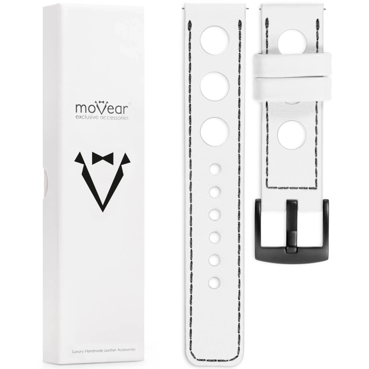 moVear Prestige R1 22mm Weiß Lederarmband für Garmin Vivoactive 4, Venu 3/2 | Weiß Nähte [Größen XS-XXL und Schnalle zur Auswahl]
