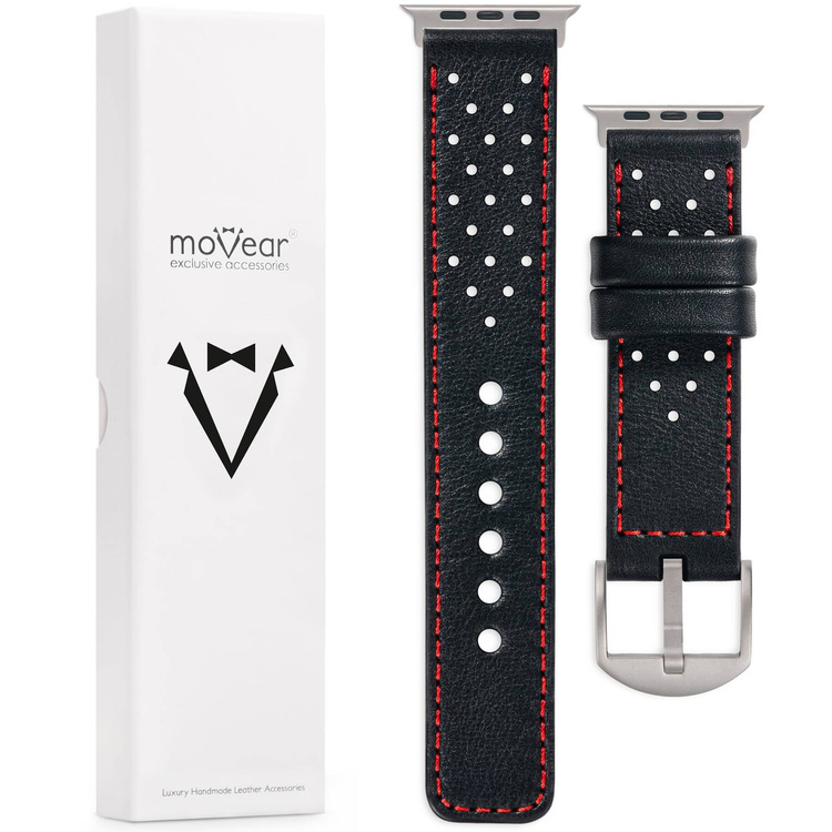 moVear Prestige R2T (Rally) Lederarmband 26mm für Apple Watch Ultra 49mm mit Titanadapter und Schnalle | Schwarz, Schwarz Nähte [Größen XS-XXL und Schnallenauswahl]