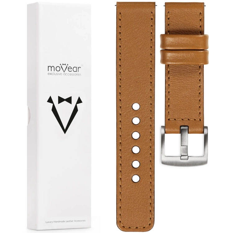 moVear Prestige C1 20mm Uhrenarmband aus Leder | Hellbraun, Hellbraun Nähte [Größen XS-XXL und Schnalle zur Auswahl]
