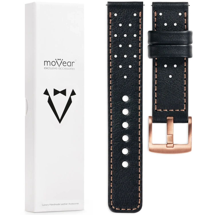 moVear Prestige R2 18mm Schwarz Lederarmband für Garmin Vivoactive 4S, Venu 3S/2S, Vívomove 3S | Schwarz Nähte [Größen XS-XXL und Schnalle zur Auswahl]