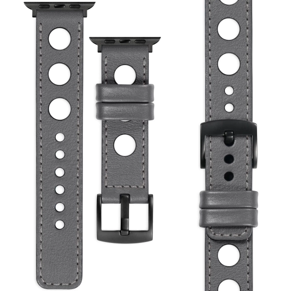 moVear Prestige R1 22mm Gray Leather strap for Apple Watch 10 / 9 / 8 / 7 / 6 / 5 / 4 / SE (46/45/44mm) & Ultra (49mm) | Gray stitching [sizes XS-XXL and buckle to choose from]