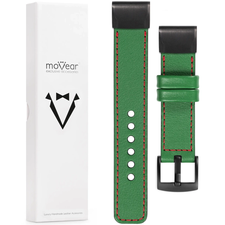 moVear Prestige C1 Leather strap for Garmin QuickFit 22mm (Fenix / Forerunner / Epix / Instinct / Enduro / Quatix / MARQ - 47/45mm) Green, Green stitching [sizes XS-XXL and buckle to choose from]