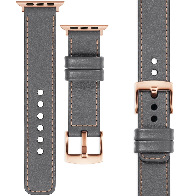moVear Prestige C1 20mm Grau Lederarmband für Apple Watch 10 / 9 / 8 / 7 / 6 / 5 / 4 / SE (42/41/40mm) | Grau Nähte [Größen XS-XXL und Schnalle zur Auswahl]