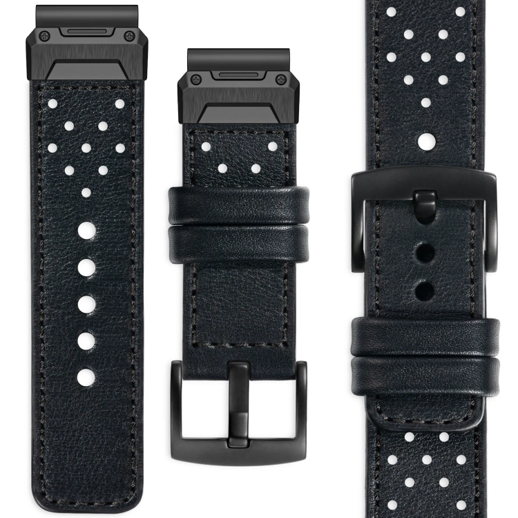 moVear Prestige R3X Leather strap for Garmin QuickFit 26mm (Fenix / Epix / Quatix / Tactix / Enduro - 51mm) Black, Black stitching [sizes XS-XXL and buckle to choose from]