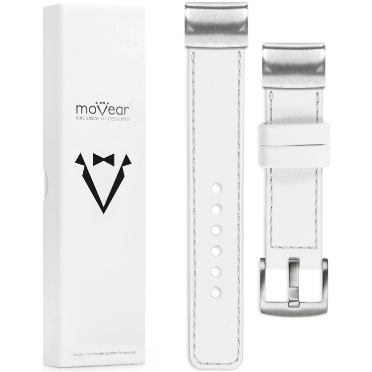 moVear Prestige C1 Leather strap for Garmin QuickFit 26mm (Fenix / Epix / Quatix / Tactix / Enduro - 51mm) White, White stitching [sizes XS-XXL and buckle to choose from]