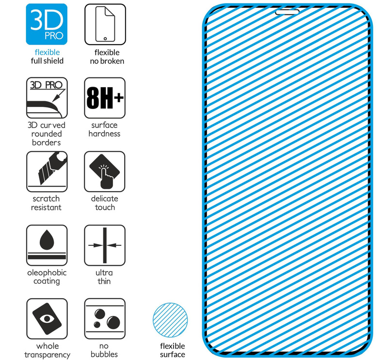 moVear flexible mSHIELD 3D PRO for Apple iPhone 11 Pro / Xs / X (5.8"). Armored hybrid glass.