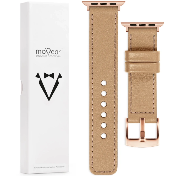 moVear Prestige C1 20mm Cappuccino Leather strap for Apple Watch 10 / 9 / 8 / 7 / 6 / 5 / 4 / SE (42/41/40mm) | Cappuccino stitching [sizes XS-XXL and buckle to choose from]