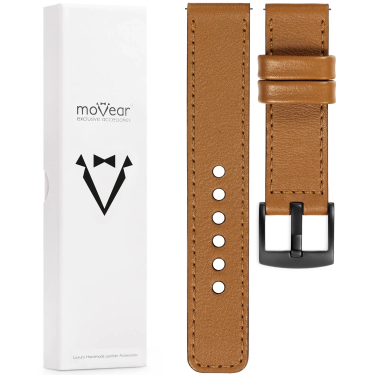 moVear Prestige C1 22mm Light brown Leather strap for Garmin Vivoactive 4, Venu 3/2 | Light brown stitching [sizes XS-XXL and buckle to choose from]