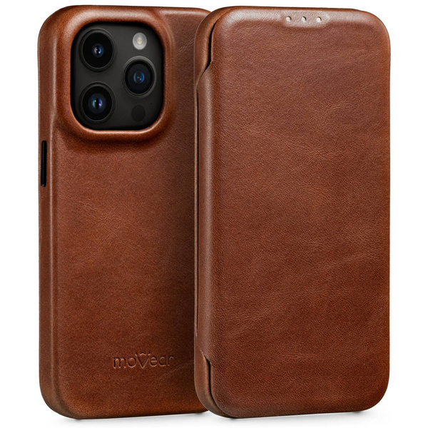 moVear flipSide 4S Leather slim case for Apple iPhone 14 Pro (6.1") | Natural oiled leather (Dark brown)