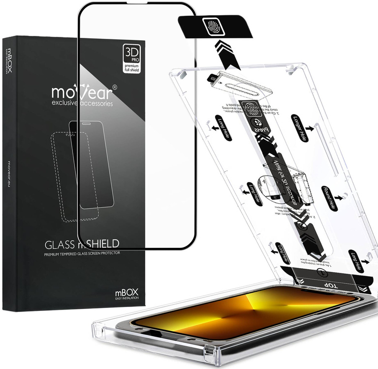 moVear mBOX GLASS mSHIELD 3D PRO für Apple iPhone 16e / 14 / 13 / 13 Pro (6.1") (einfache Installation)