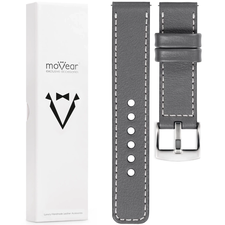 moVear Prestige C1 19mm Uhrenarmband aus Leder | Grau, Grau Nähte [Größen XS-XXL und Schnalle zur Auswahl]