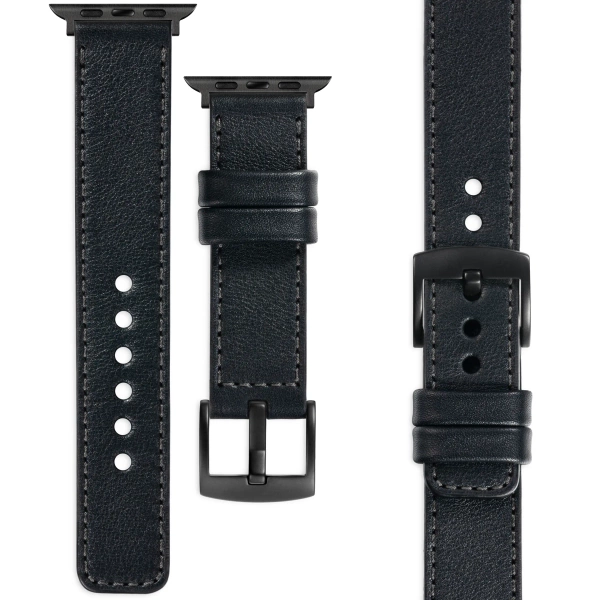 moVear Prestige C1 20mm Black Leather strap for Apple Watch 10 / 9 / 8 / 7 / 6 / 5 / 4 / SE (46/45/44mm) & Ultra (49mm) | Black stitching [sizes XS-XXL and buckle to choose from]