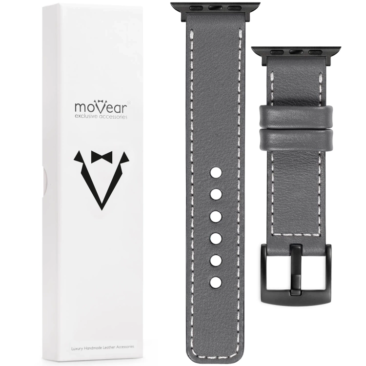 moVear Prestige C1 22mm Grau Lederarmband für Apple Watch 10 / 9 / 8 / 7 / 6 / 5 / 4 / SE (42/41/40mm) | Grau Nähte [Größen XS-XXL und Schnalle zur Auswahl]