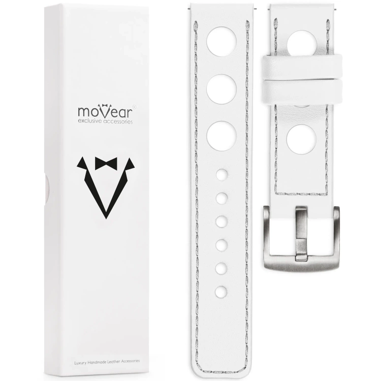 moVear Prestige R1 26mm Uhrenarmband aus Leder | Weiß, Weiß Nähte [Größen XS-XXL und Schnalle zur Auswahl]