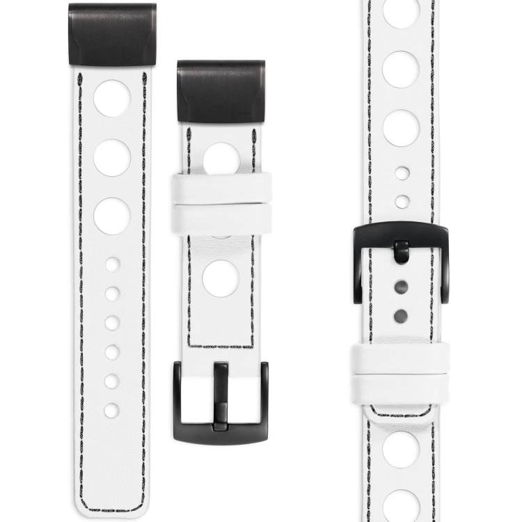 moVear Prestige R1 Leather strap for Garmin QuickFit 20mm (Fenix / Instinct - 43/42/40mm) White, White stitching [sizes XS-XXL and buckle to choose from]