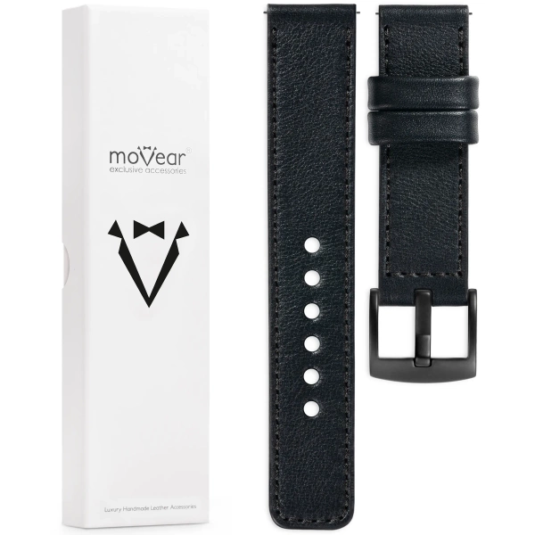 moVear Prestige C1 22mm leather watch strap | Black, Black stitching [sizes XS-XXL and buckle to choose from]