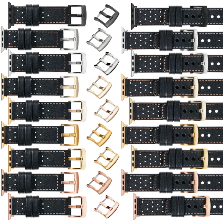 moVear Prestige R2 20mm Schwarz Lederarmband für Apple Watch 10 / 9 / 8 / 7 / 6 / 5 / 4 / SE (42/41/40mm) | Schwarz Nähte [Größen XS-XXL und Schnalle zur Auswahl]