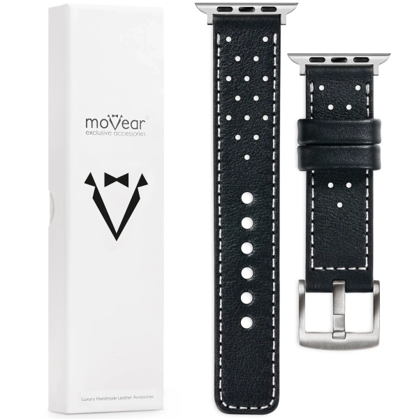 moVear Prestige R2 24mm Black Leather strap for Apple Watch 10 / 9 / 8 / 7 / 6 / 5 / 4 / SE (46/45/44mm) & Ultra (49mm) | Black stitching [sizes XS-XXL and buckle to choose from]