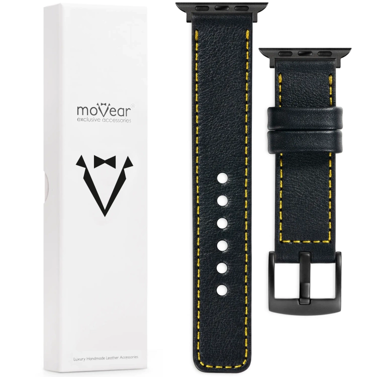 moVear Prestige C1 22mm Black Leather strap for Apple Watch 10 / 9 / 8 / 7 / 6 / 5 / 4 / SE (46/45/44mm) & Ultra (49mm) | Black stitching [sizes XS-XXL and buckle to choose from]